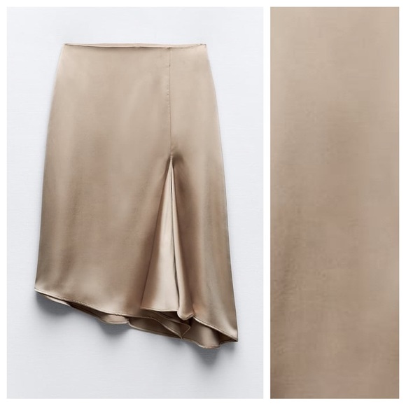 NWT. Zara Beige-Pink Satin A-Line Silhouette High Waist Midi Skirt Size M. - Picture 8 of 12